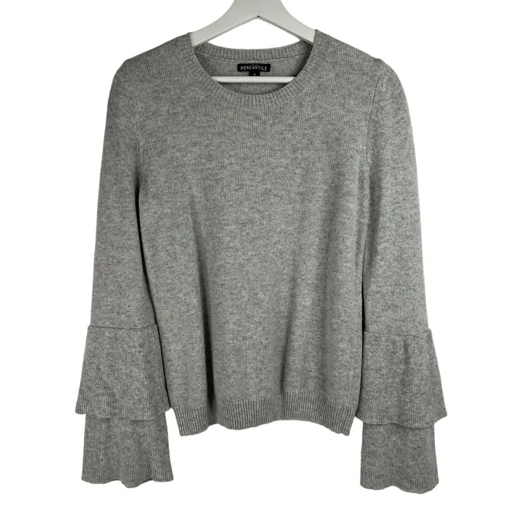 J.Crew Small Sweater Gray Tiered Bell Sleeve Crew Neck Heathered Knit Pullover